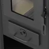 A close-up view of the door and handle of a black wood-burning stove. Produktbild-Vorschau