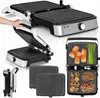 A collage of images showing a grill, its parts, and food being cooked on it. Voir les images du produit