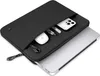 A black laptop sleeve with a laptop partially inserted, and accessories like a mouse and phone inside a pocket. Anteprima dell’immagine prodotto