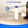 A water filter cartridge is shown next to a coffee machine with a cup of coffee and cookies. Produktbild-Vorschau