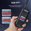 A hand holding a two-way radio with two screens showing different frequency information. Podgląd zdjęcia produktu