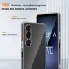 A clear phone case is shown on a phone, highlighting its protective features. Produktbild-Vorschau