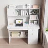 A white computer desk with shelves and drawers, featuring a laptop, books, and decorative items. Produktbild-Vorschau