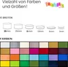 A marketing image showing various widths of ribbon and a grid of color swatches. Produktbild-Vorschau