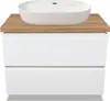 A white oval sink sits on top of a wooden countertop, which is placed on a white two-drawer cabinet. Produktbild-Vorschau