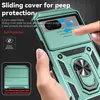 A hand is holding a green phone case with a sliding camera cover and a ring stand. Text overlays describe the features of the case. Produktbild-Vorschau
