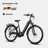 A black electric bicycle is displayed against a light gray background, with branding and product information in the upper left corner. Produktbild-Vorschau