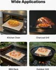 A collage of four images showing a pizza stone being used in different cooking environments: a kitchen oven, a charcoal grill, a BBQ rack, and an outdoor grill. Náhľad obrázku produktu