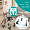 A woman is using a walker indoors, with graphics highlighting product features. Produktbild-Vorschau