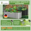 A marketing image showcasing two raised garden beds, one silver and one black, filled with plants. Various text elements and logos highlight product features and brand information. Produktbild-Vorschau