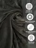 A close-up view of a dark gray plush fabric, likely a blanket or bedsheet, with overlaid circular icons and text highlighting product features. Produktbild-Vorschau