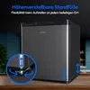 A mini refrigerator is shown on a wooden surface, with a close-up inset highlighting its adjustable feet. Produktbild-Vorschau