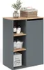 A gray bathroom cabinet with wooden shelves and a wooden top, displaying various bathroom items. Produktbild-Vorschau