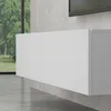 A white wall-mounted TV cabinet in a modern living room with a large window showing greenery outside. Produktbild-Vorschau