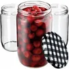 Three glass jars, one filled with cherries, and a checkered lid. Podgląd zdjęcia produktu