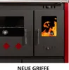 Close-up of a black kitchen stove with a window showing flames. Produktbild-Vorschau