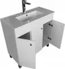A white bathroom vanity with a sink and faucet, with two cabinet doors open. Náhled obrázku produktu