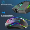 Two close-up shots of a gaming mouse with RGB lighting, highlighting its durability and ergonomic design. Produktbild-Vorschau