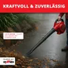 A person is using a red and black leaf blower to clear wet leaves from a paved area. Produktbild-Vorschau