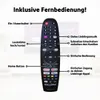 A remote control with labels pointing to its various functions. Produktbild-Vorschau