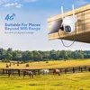A 4G LTE security camera with a solar panel mounted on a wooden structure, overlooking a rural landscape with horses grazing in a field. Produktbild-Vorschau