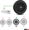 An image showing a car wheel with a size indicator and examples of different wheel sizes with checkmarks and crosses. Produktbild-Vorschau