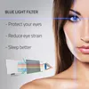 A woman's face is shown with a blue light filter overlay, and text describes the benefits of blue light filters. Voir les images du produit