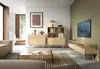 A modern living room with a light wood kommode, bookshelf, and TV stand, featuring a glass coffee table and a large rug. Produktbild-Vorschau