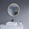 A modern bathroom vanity with a square sink, black faucet, and a round LED mirror mounted on a gray tiled wall. Produktbild-Vorschau