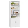 A white, tall bookshelf with four open shelves and two cabinet doors at the bottom, displaying various decorative items and books. Produktbild-Vorschau