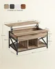 A coffee table with its top lifted to reveal storage space, with dimensions indicated by lines and text. Produktbild-Vorschau