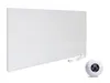 A white infrared heating panel and a white circular thermostat are displayed against a white background. Produktbild-Vorschau