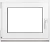 A white PVC window frame with a clear glass pane, shown from the front against a white background. The window has a handle on the right side and hinges on the left. Anteprima dell’immagine prodotto