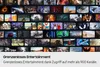 A collage of various TV show and movie scenes displayed on a screen, with text overlay describing entertainment options. Anteprima dell’immagine prodotto