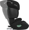 A black Cybex car seat shown from the side, with an arrow indicating adjustment of the headrest. Produktbild-Vorschau