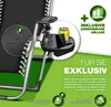 Close-up of a recliner chair with a tray holding a phone and a drink, with marketing text and icons. Náhľad obrázku produktu