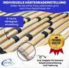 Close-up of a wooden slatted bed base with adjustable firmness settings and a quality seal. Produktbild-Vorschau