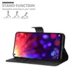 A black flip case for a smartphone is shown open, displaying the phone's screen. The case is positioned on a white surface, and the phone is angled diagonally. Above the case, there are illustrations demonstrating the stand function of the case. Náhľad obrázku produktu