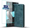 A teal flip phone case and a screen protector are displayed against a white background. Produktbild-Vorschau