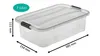 A clear plastic storage box with dimensions and capacity indicated. Produktbild-Vorschau
