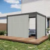 A pergola with a gray curtain is set up on a wooden deck in a backyard, next to a house. Náhľad obrázku produktu