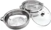 A stainless steel steamer set with a glass lid, shown disassembled on a white background. Podgląd zdjęcia produktu