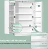 A collage showing a white cabinet with numbered labels and close-up views of its shelves, highlighting adjustable storage space. Produktbild-Vorschau