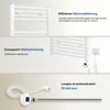 Collage of images showing a white towel radiator, its heating element, and text describing its features. Podgląd zdjęcia produktu