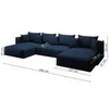 A navy blue sectional sofa is shown from an angle with various dimensions labeled. The sofa is arranged in a U-shape, with an L-shaped chaise lounge on the left and a chaise lounge on the right, and a central section. Náhľad obrázku produktu