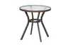 A round table with a glass top and a woven brown edge, supported by dark metal legs. Produktbild-Vorschau