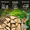 A pile of firewood in front of a forest background, with marketing icons and a cartoon caveman. Produktbild-Vorschau