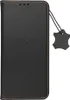 A black leather flip phone case is shown closed, with a small leather tag attached by a string. Náhľad obrázku produktu