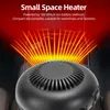 A small, black, round space heater is shown in the foreground, emitting orange and yellow heat waves. The background appears to be the interior of a vehicle, with car seats visible. Náhľad obrázku produktu