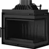 A black fireplace insert with a glass door and a chimney pipe on top, isolated on a white background. Produktbild-Vorschau